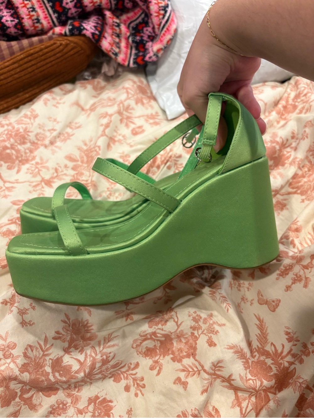 Green Platform Wedge Sandals - Women's Strappy Heels